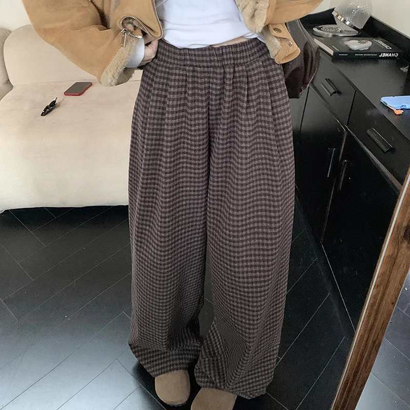 Vintage Plaid Casual Pants Women Fashion Elastic High Waist Straight Wide Leg Female Trouser Autumn Winter Casual Loose Bottoms