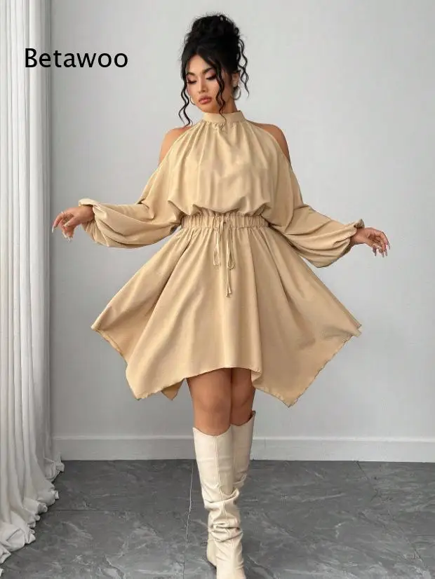 Women's Cold Shoulder High Neck Long Sleeve Mini Dress, Drawstring Waist Flowy Swing Tunic Top for Casual Autumn Party Outfit