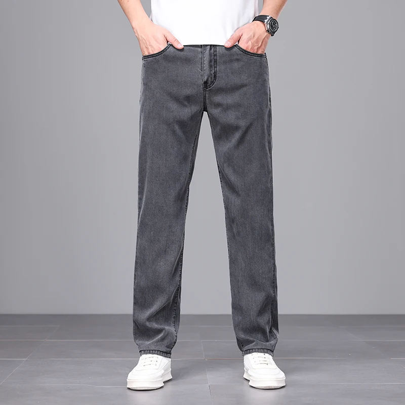 

Spring Summer Thin Gray Jeans Men's Fashion Straight Fit High Waist Business Casual Trousers Cool Ice Silk Washed Denim Pants