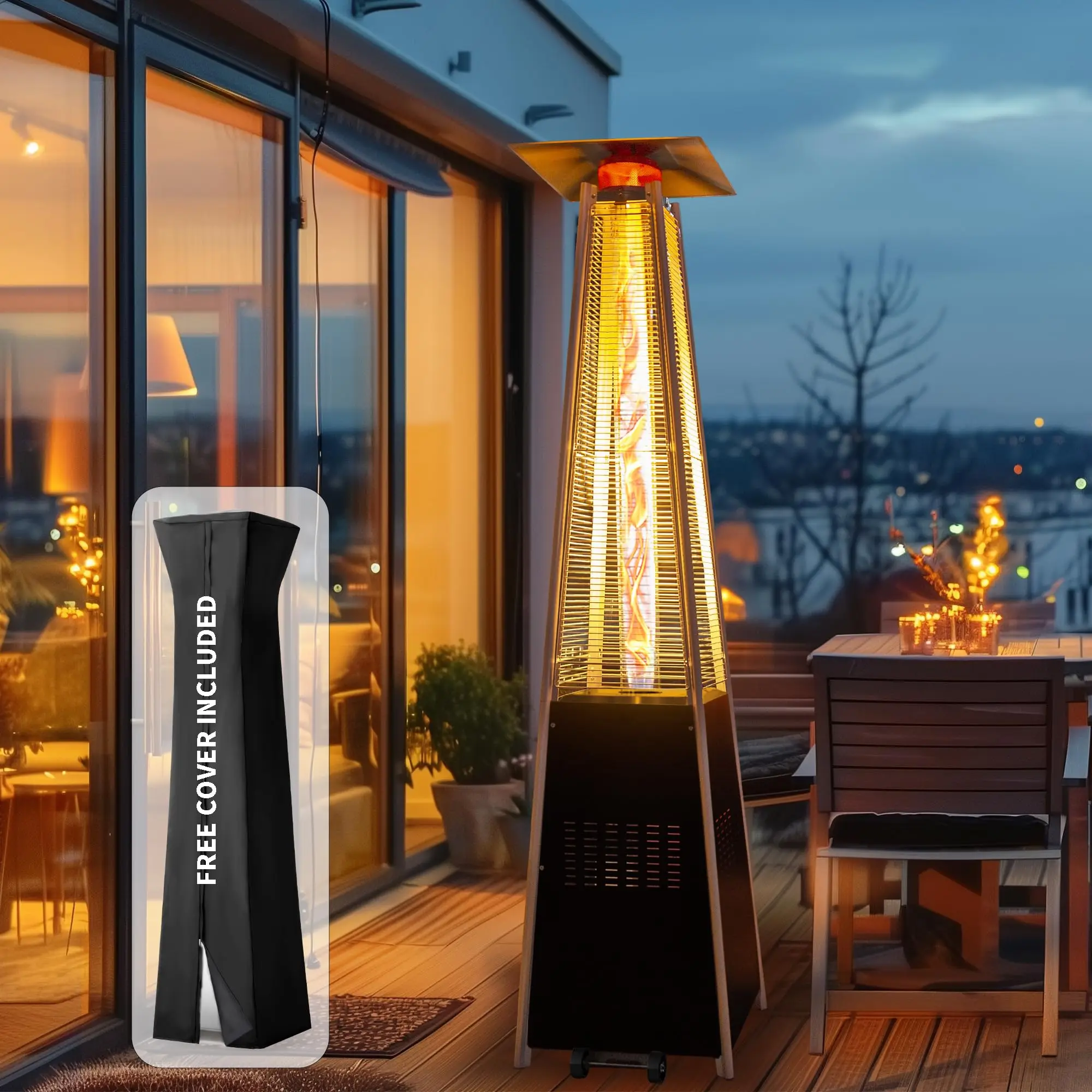 48,000 BTU Flame Pyramid Pool Heater With Cover, Triple Safety Protection Portable Patio Heater with Patio Cover, Warm