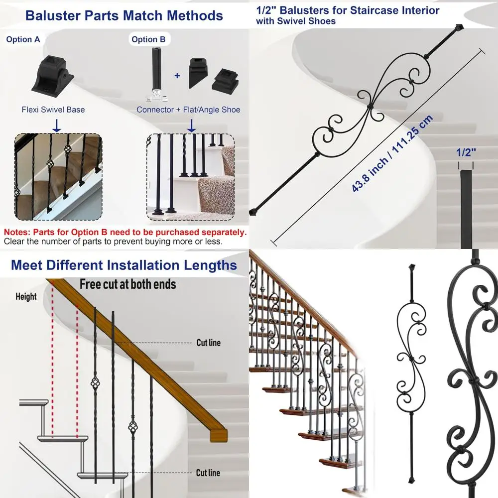 

Set of 5 Skinny Scroll Metal Balusters for Stairs or Decks, 44 Tall, 1/2 Square, with Swivel Shoes