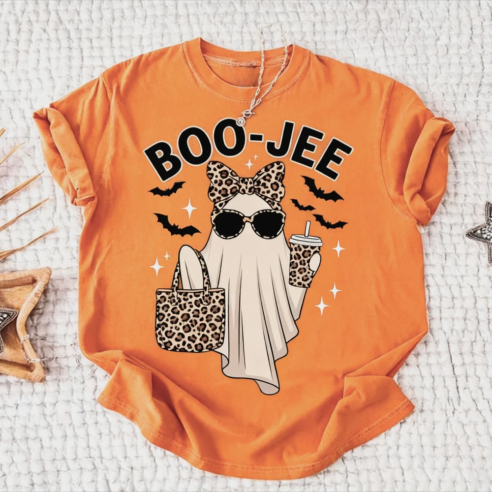

Boo Jee Cute Leopard Print Ghost Design Funny Tshirt Halloween Spooky Season Coffee Ghost Shirt Cropa Mujer New Arrival Tops
