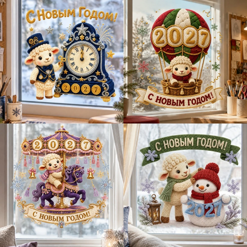 2027 New Year Zodiac Sheep Christmas Window Stickers Cute Vintage Lamb Static Cling Sticker Glass Decals Holiday Home Decor Gift