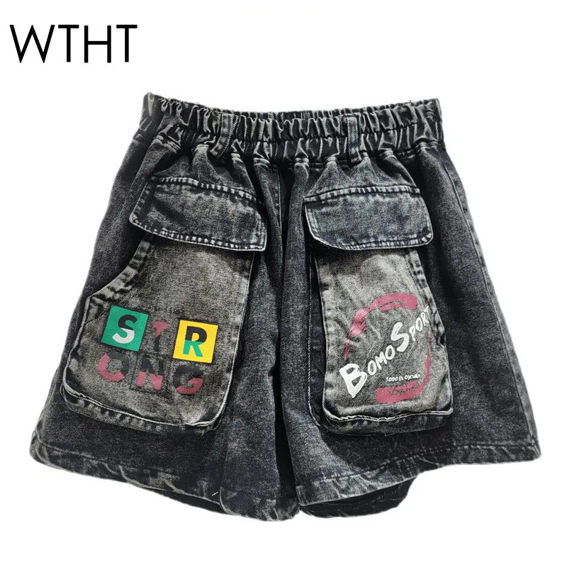 

WTHT Vintage Women's Letter Print Pockets Cargo Denim Shorts Fashion 2025 Summer Wash High-waisted Short Pants Female 1LS1852