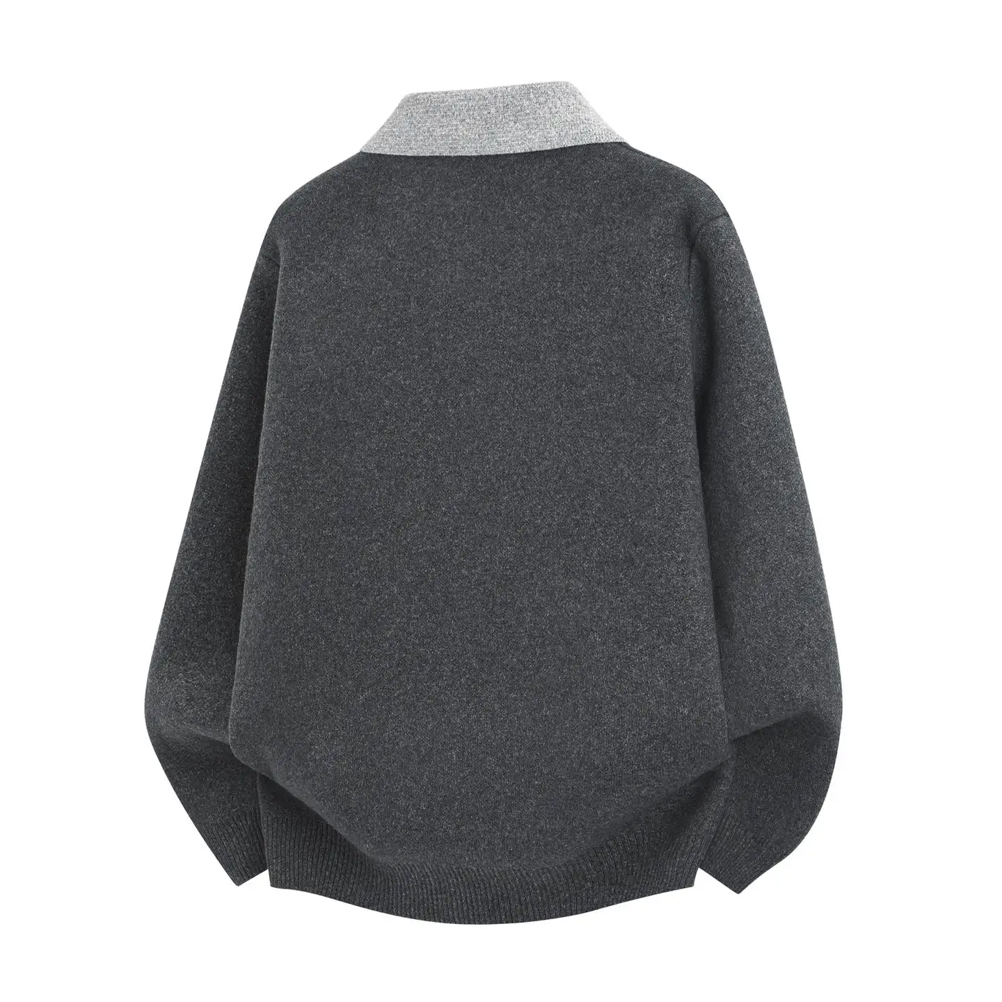 للجنسين كتلة اللون بدوره إلى أسفل طوق متماسكة سترة - رمادي فاتح (أسود-رمادي) M-2XL الخريف زوجين فضفاضة تناسب بلايز عادية #2