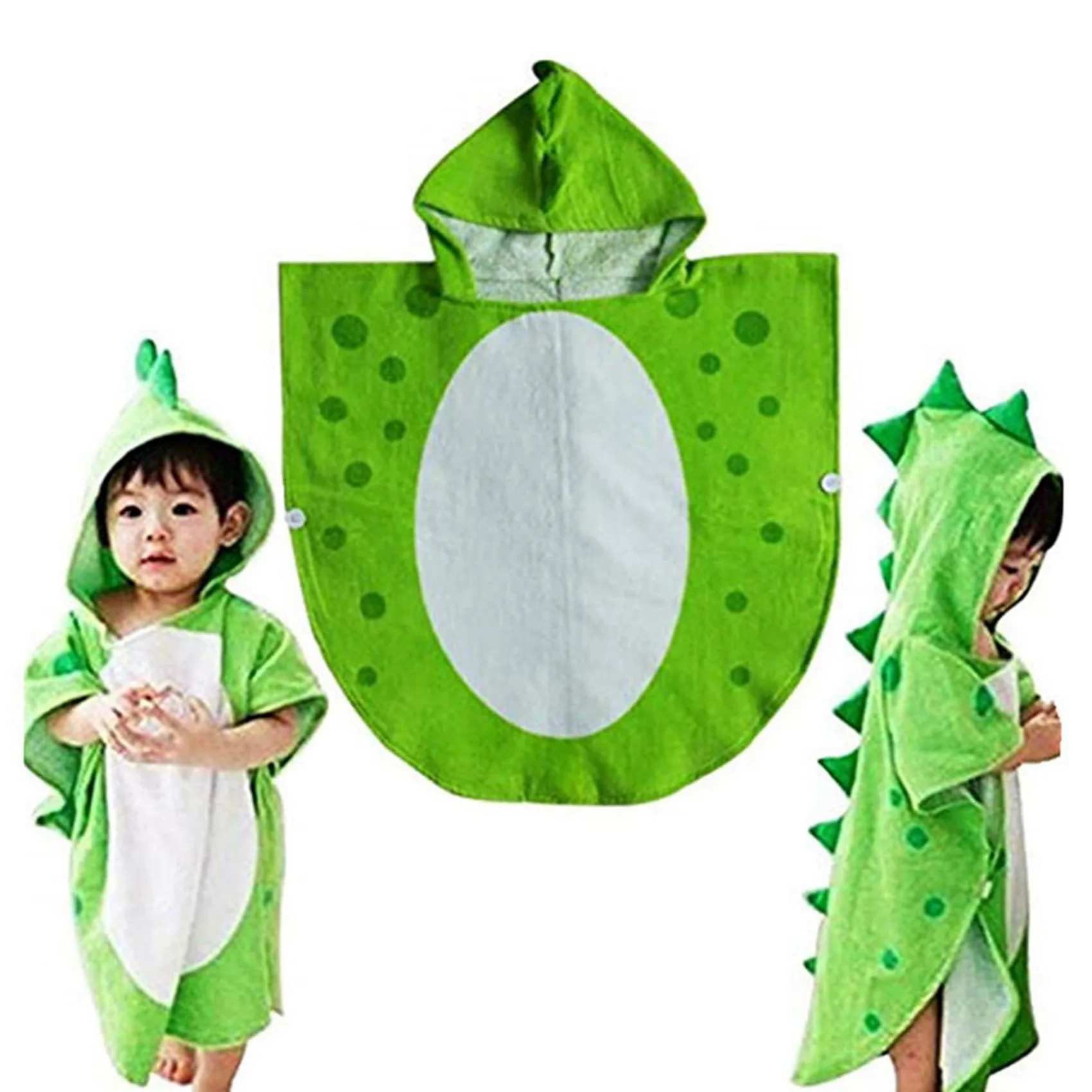 

T84C-2X Children Bath Towel Robe Kids Hooded Beach Swimming Poncho Dinosaur Pattern(Green+White 55 Cm X 110 Cm)
