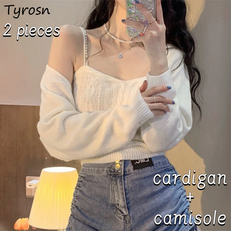 

Cardigan Sets Women Simple Sexy Slim Sweet Camisole Cropped Autumn Design All-match Sweater Hot Girls Chic Casual Korean Style