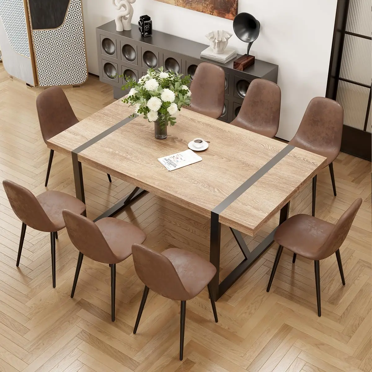 9 Piece Dining Table Set for 8,Modern 71'' Rectangle Wood Dining Table and Fabric Dining Chairs 8,Kitchen Table and Chairs for 8