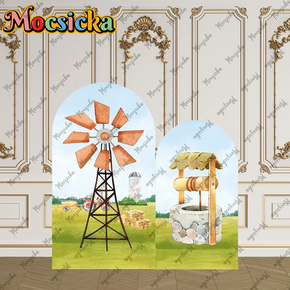 Mocsicka 2-Sided Arch Cover Cartoon Windmill Farm Decoration Backdrop Wall Cake Smash Baby Shower Kid Birthday Party Photo Props
