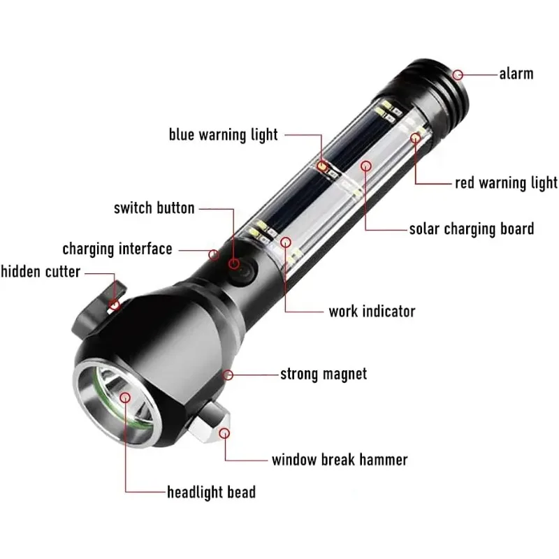 Op Zonne-Energie Gemonteerde Veiligheidshamer Zaklamp-13 In 1 Multifunctionele T6 Sterk Licht Zaklamp Met Snijkompas