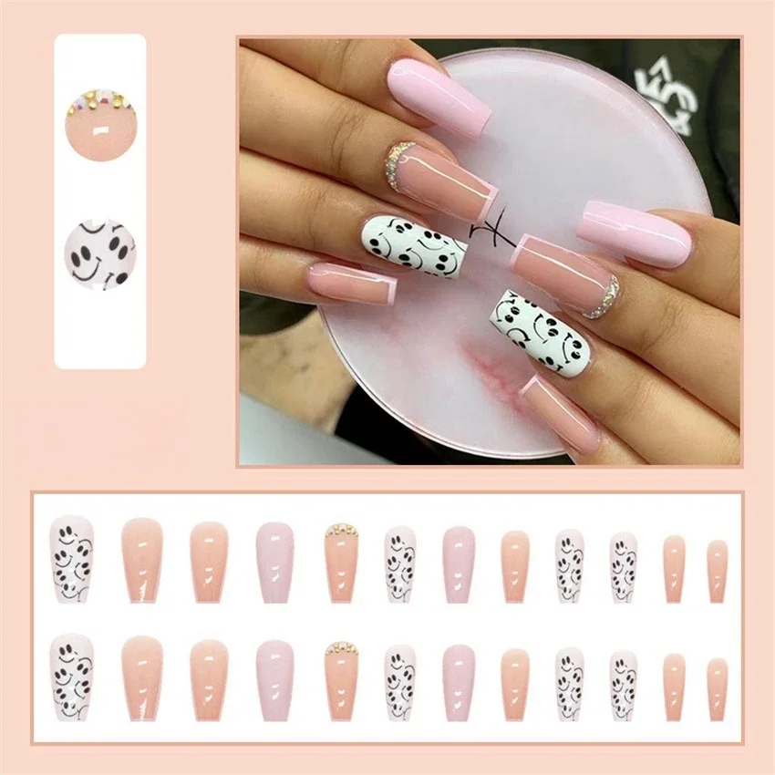 

24Pcs/Set Medium Long Drill Style Handmade Wearing False Nails Full Coverage Adhesive Fake Nails Artificial Press on Nail Art