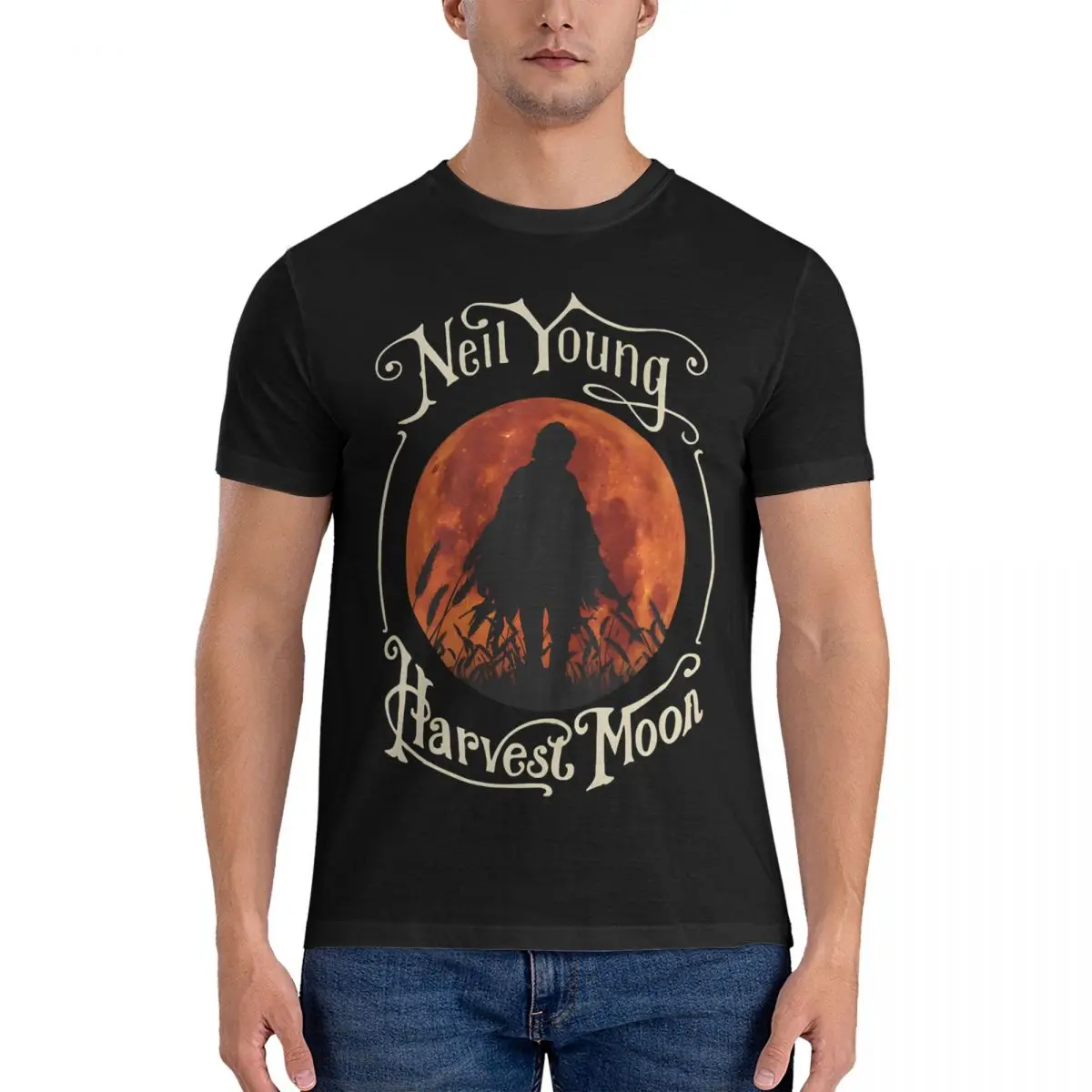 

Vintage Rock Harvest Moon In Night Hallowen T Shirts Neil Young Pure Cotton Clothing Hipster Short Sleeve Round Neck Tee Shirt