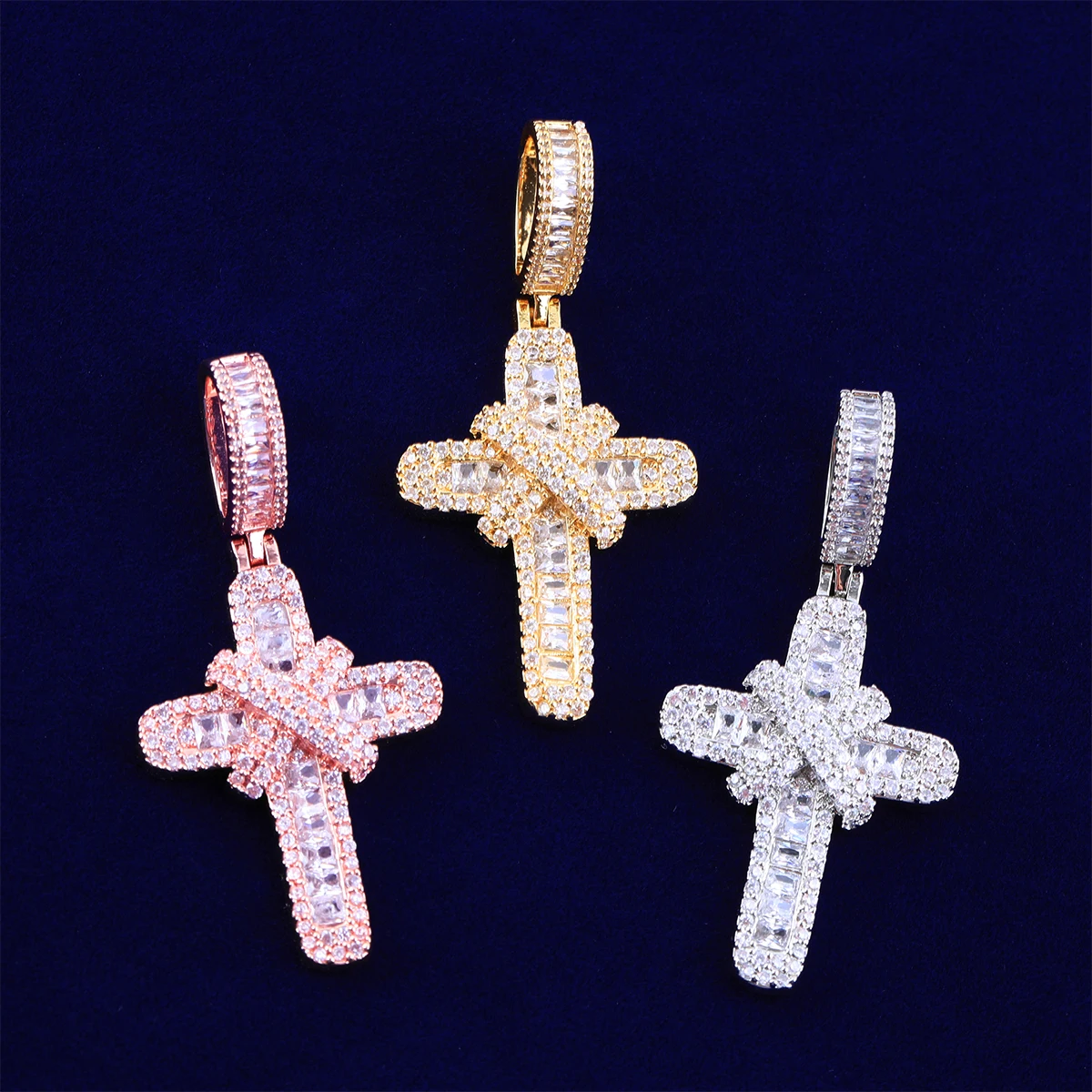 Bubble Letter Iced out Cross Necklace Pendant for Women Real Copper Gold Plated Hip Hop Jewelry