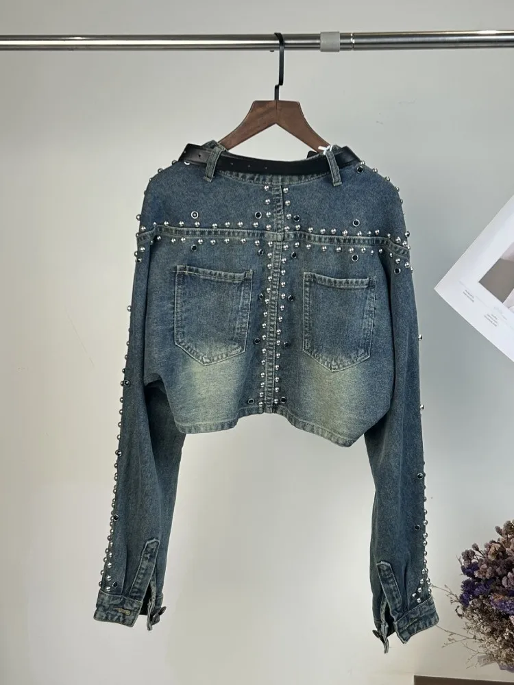 Jaket Denim lengan panjang wanita, desain keling jaket Denim wanita lengan panjang kancing tunggal leher V pinggang tinggi mantel pendek kepribadian pakaian luar wanita