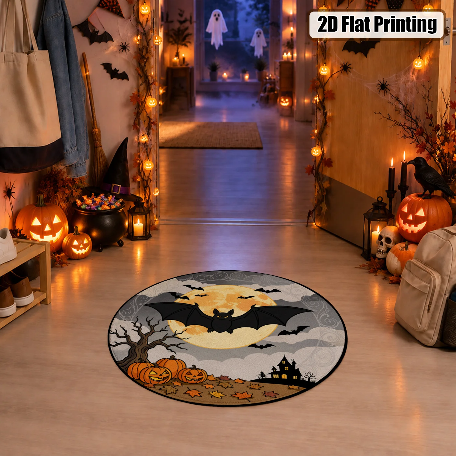 Spooky Halloween Bat Pumpkin Moon Haunted House Design Round Velvet Rug Machine Washable Living Room Bedroom Entryway Halloween Thanksgiving Christmas New Year Black Friday Cyber Monday