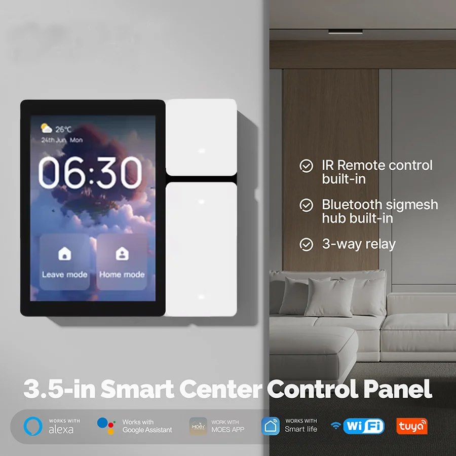 Smart Control Panel 3.5inch BLE Central Control Panel 3 Relay Physical Button Built-in BLE Mesh Hub Work with Tuya APP IR Device