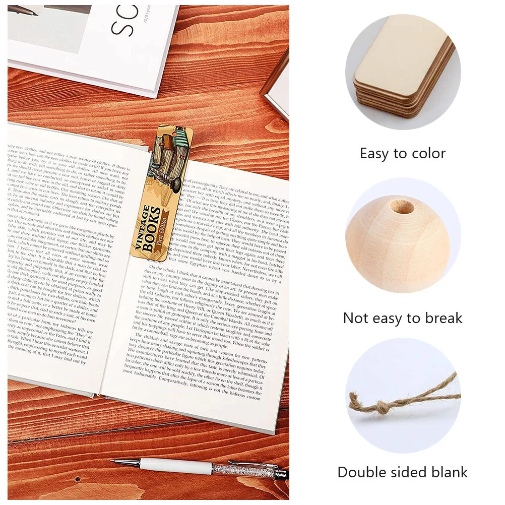 

1Set Wooden Blank Bookmarks Thick 0.2cm Natural Wood DIY Hanging Tags Beads Rope Graduation Gift Blank Bookmarks