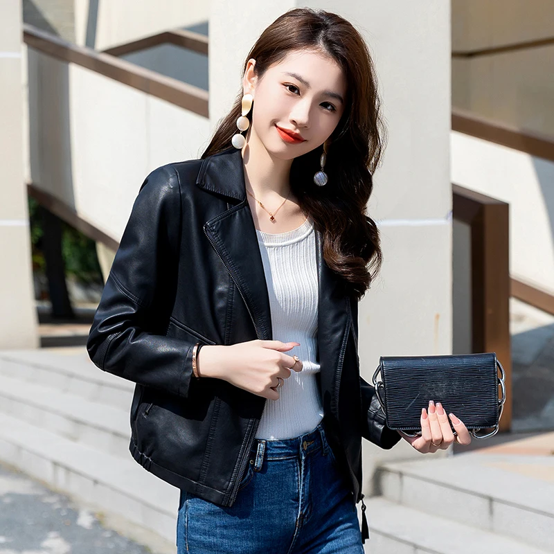 

Casual Biker ort PU Leather Jaet Women's Cut Label Retro Sle Zipper Closure Slim Fit Commute Faion Long Sve Coat