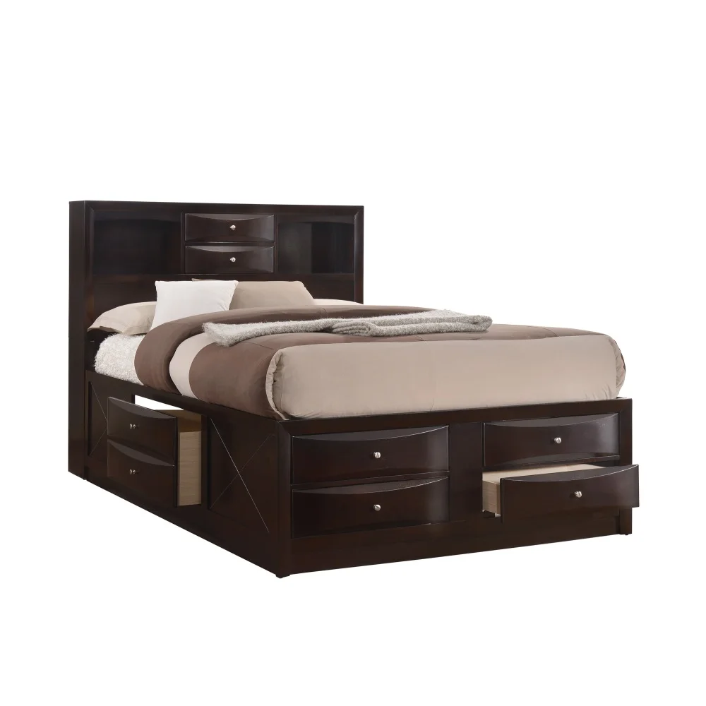 

Dark Cherry Queen Storage Platform Captain's Bed with Bookcase Headboard Drawers Solid Wood Furniture