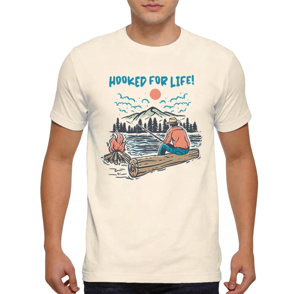 Mens 100% Cotton T Shirt Hooked For Life Fisherman Lake Camping Mountain Sunset Print Breathable Short Sleeve Daily Wear