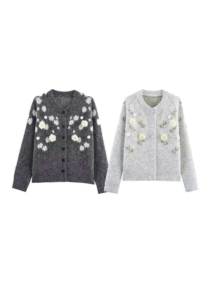 

European and American style women's new casual versatile round neck long sleeve three-dimensional flower knitted cardigan