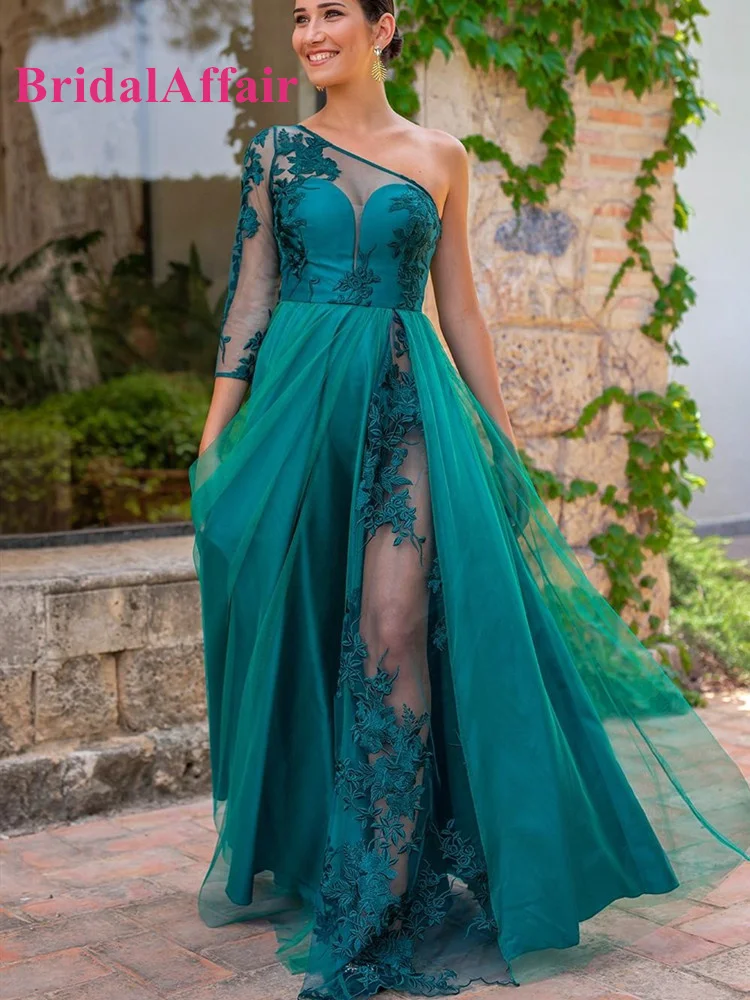 BridalAffair Turquoise Evening Dresses 2024 One Shoulder Illusion Long Sleeve High Slit Elegant Women Formal Party Evening Gowns