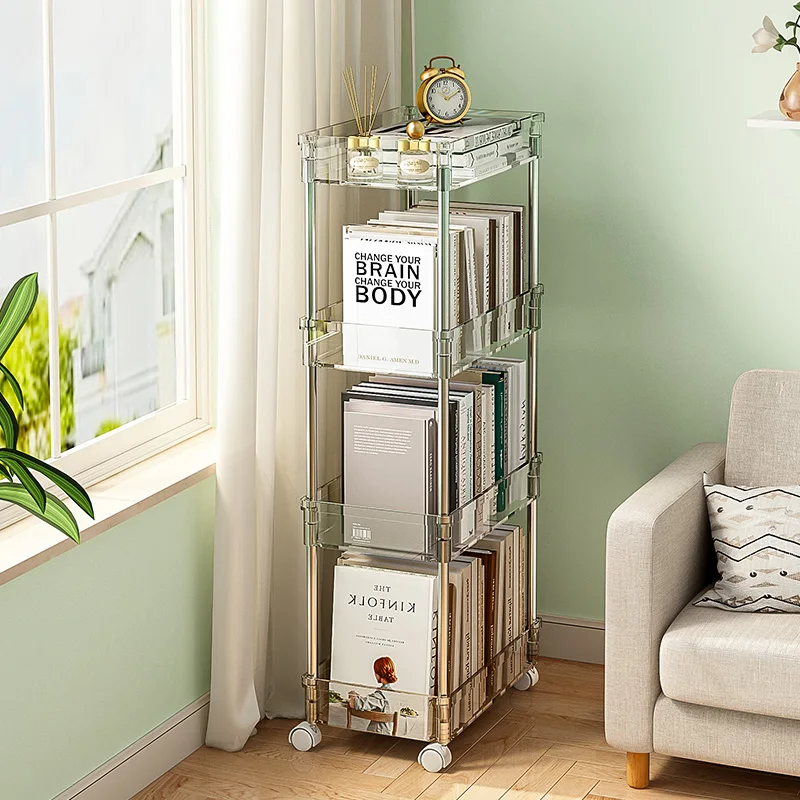 

Bookcase storage rack, movable with wheels, small cart, living room, transparent and simple floor standing desk, book storage