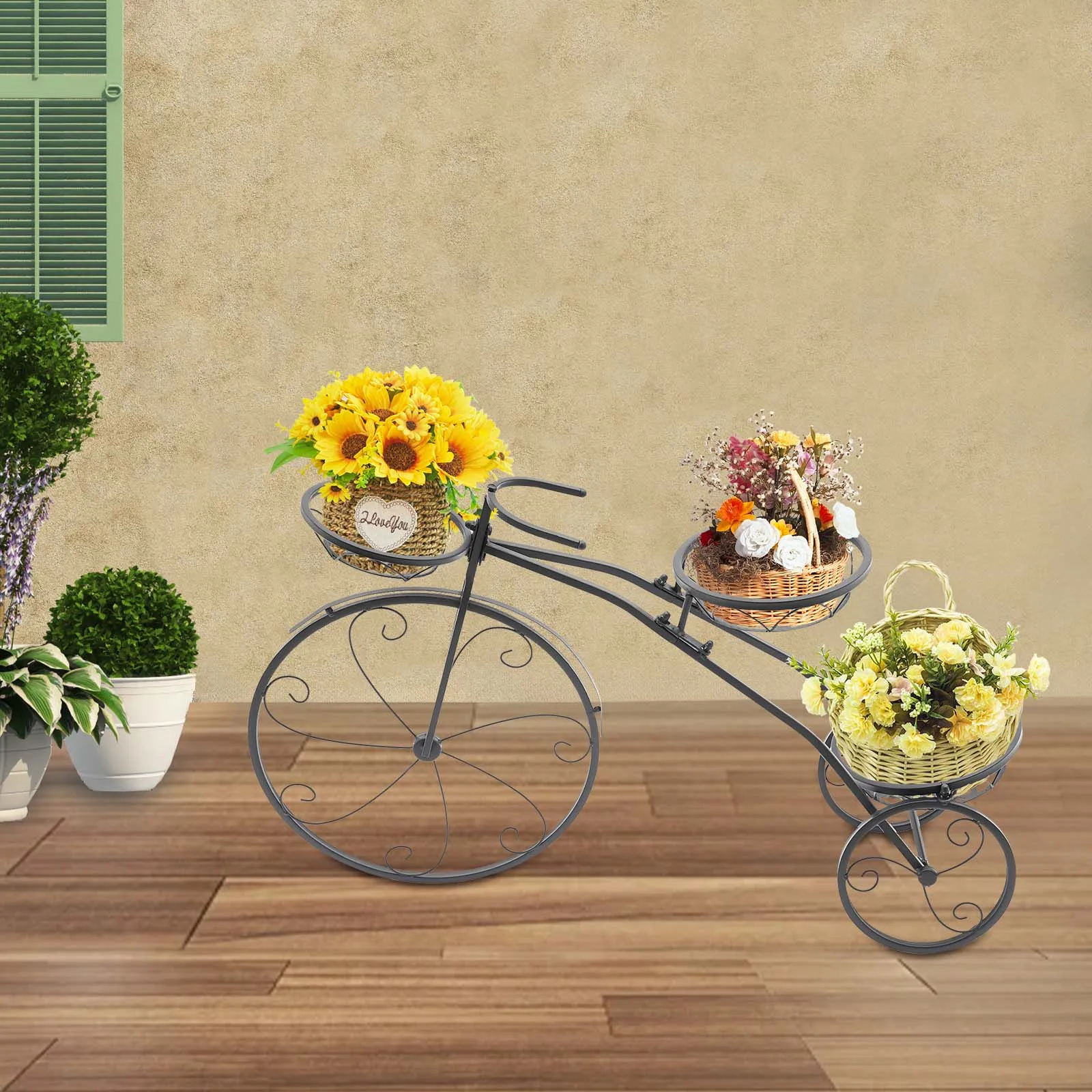

Three-Wheeled Plant Stand Plant Stand Plant Corner Shelf Tricycle Plant Stand Flower Pot Cart 3 Flower Baskets Iron Black