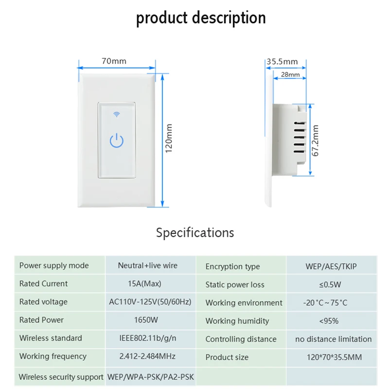 Tuya Wifi Touch Switch US Standard Smart Wall Light Switch 110-125V LED Smart Life App Voice Remote Control Home DIY Automation