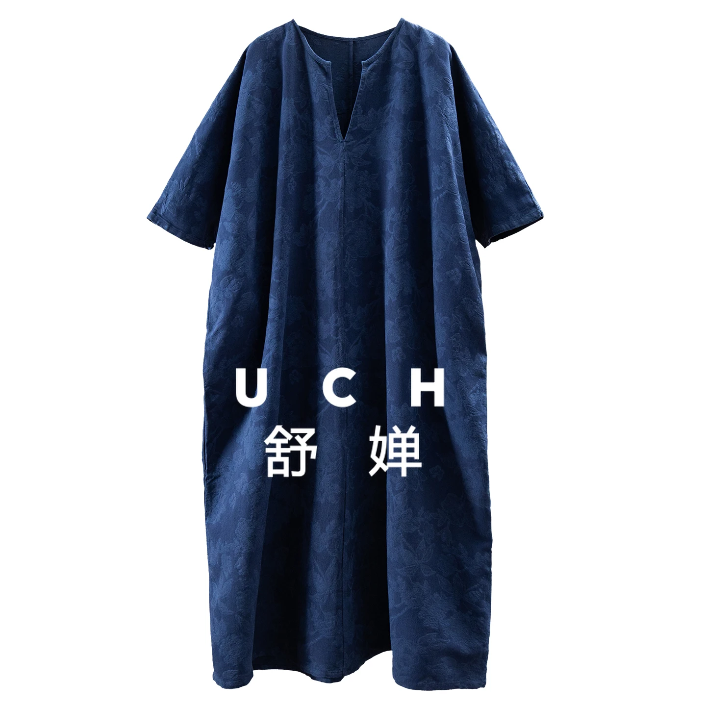 

Deep Sea Blue Haute Couture Linen Cotton Jacquard Even Cut Seven-quarter Sleeve Robe Dress Women 77F1