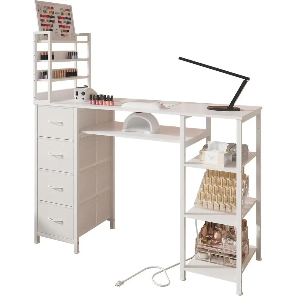 

Маникюрный стол для мастера с ящиками и розеткой, стол для маникюра с отсеками для хранения и открытыми полками для дома или мастерской