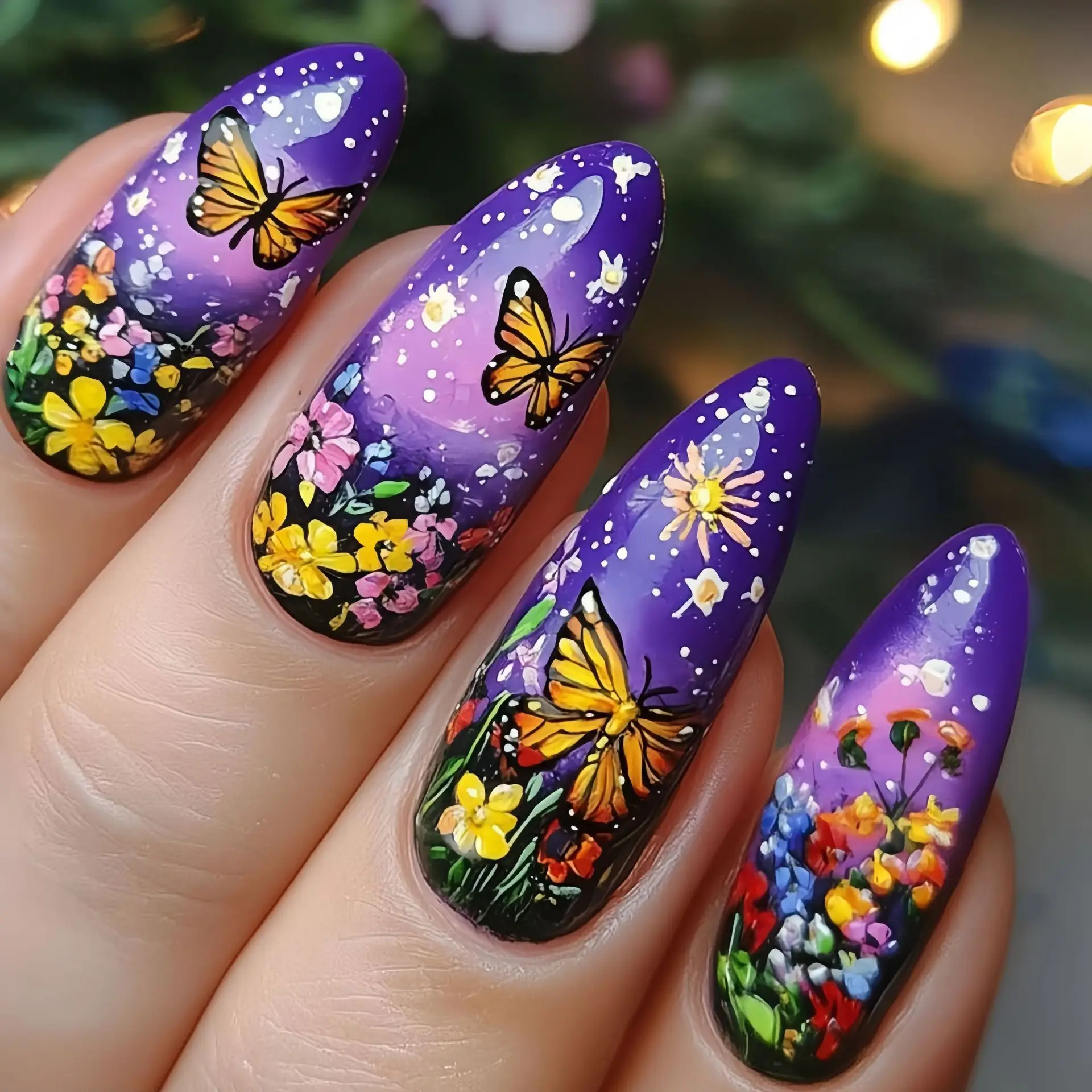 

Flower Butterfly French Short Removable Wearable Nails Sweet Countryside Flowers False Nails Coffin with Jelly Glue Floral Nails
