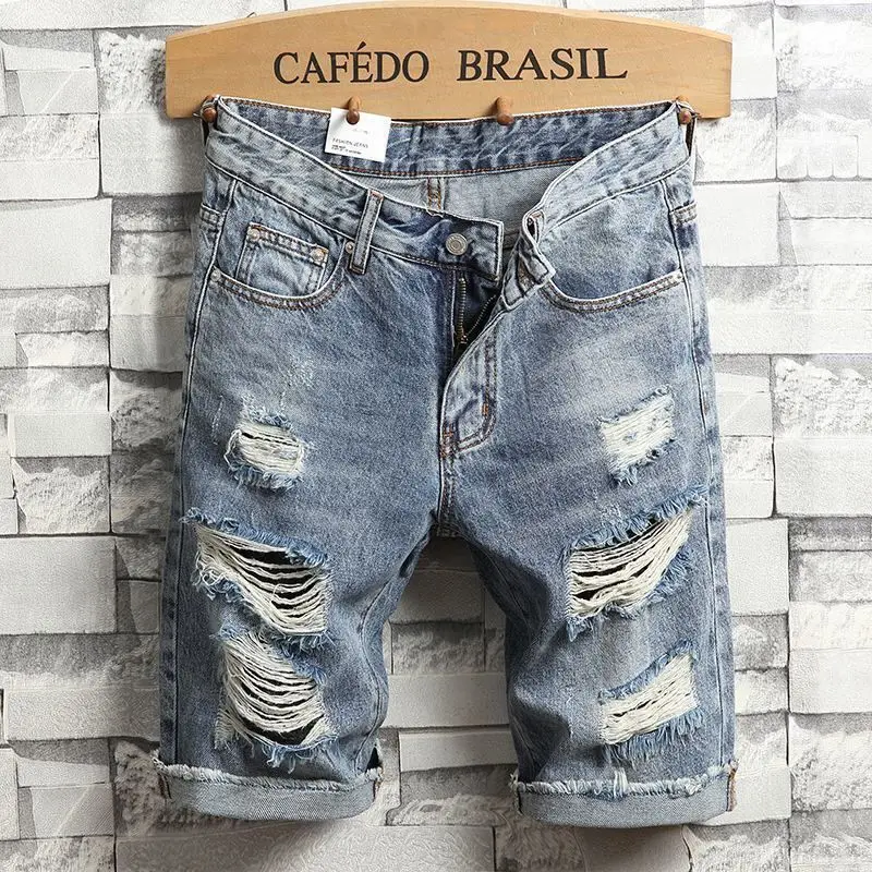 Summer Light-colored Ripped Denim Shorts Men's Loose Pants Men's Korean Trendy Brand Pants for Cool Cowboy Distressed Jeans