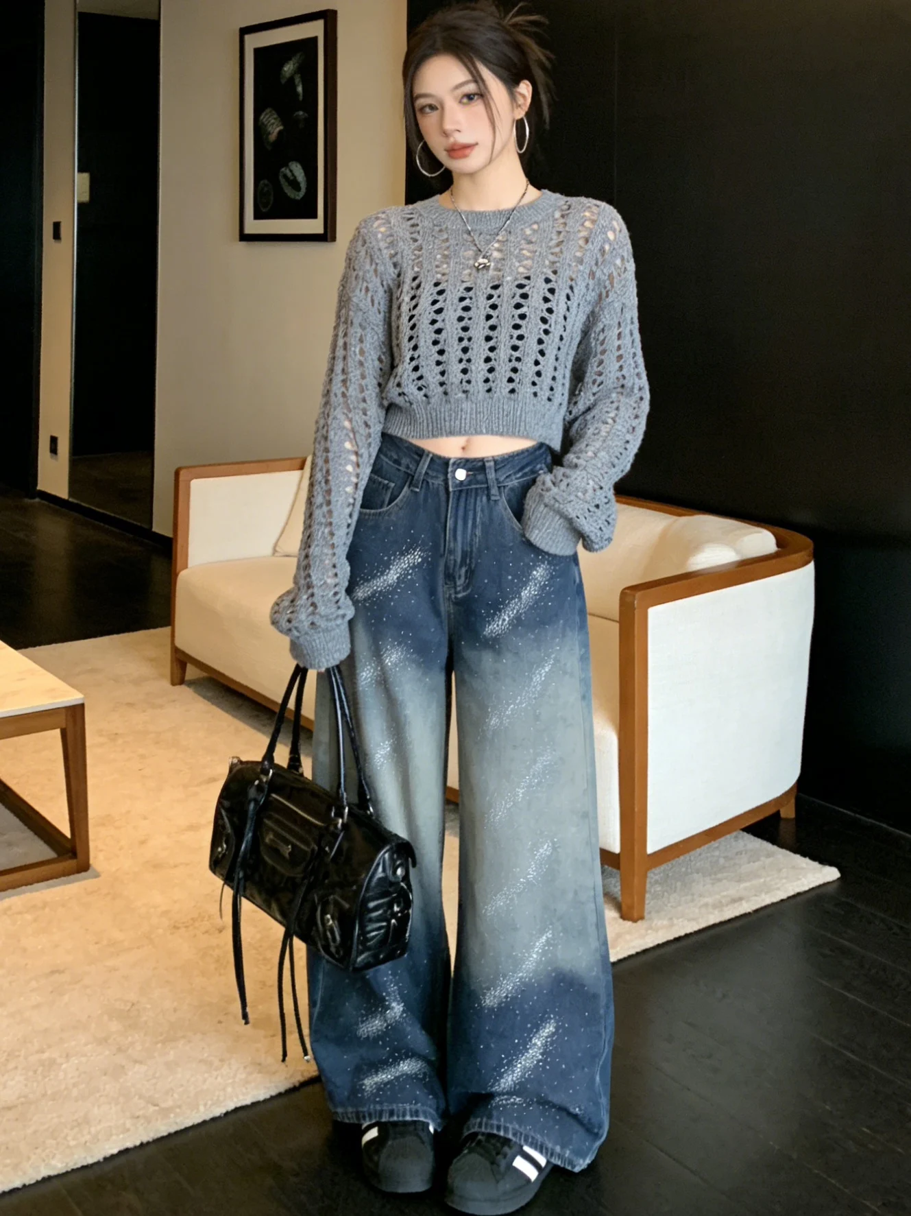 

Spring Early Wide Leg Jeans High Waist Denim Straight Cut Glitter Heavy Du Faionable Retro Versatile Women's Jeans