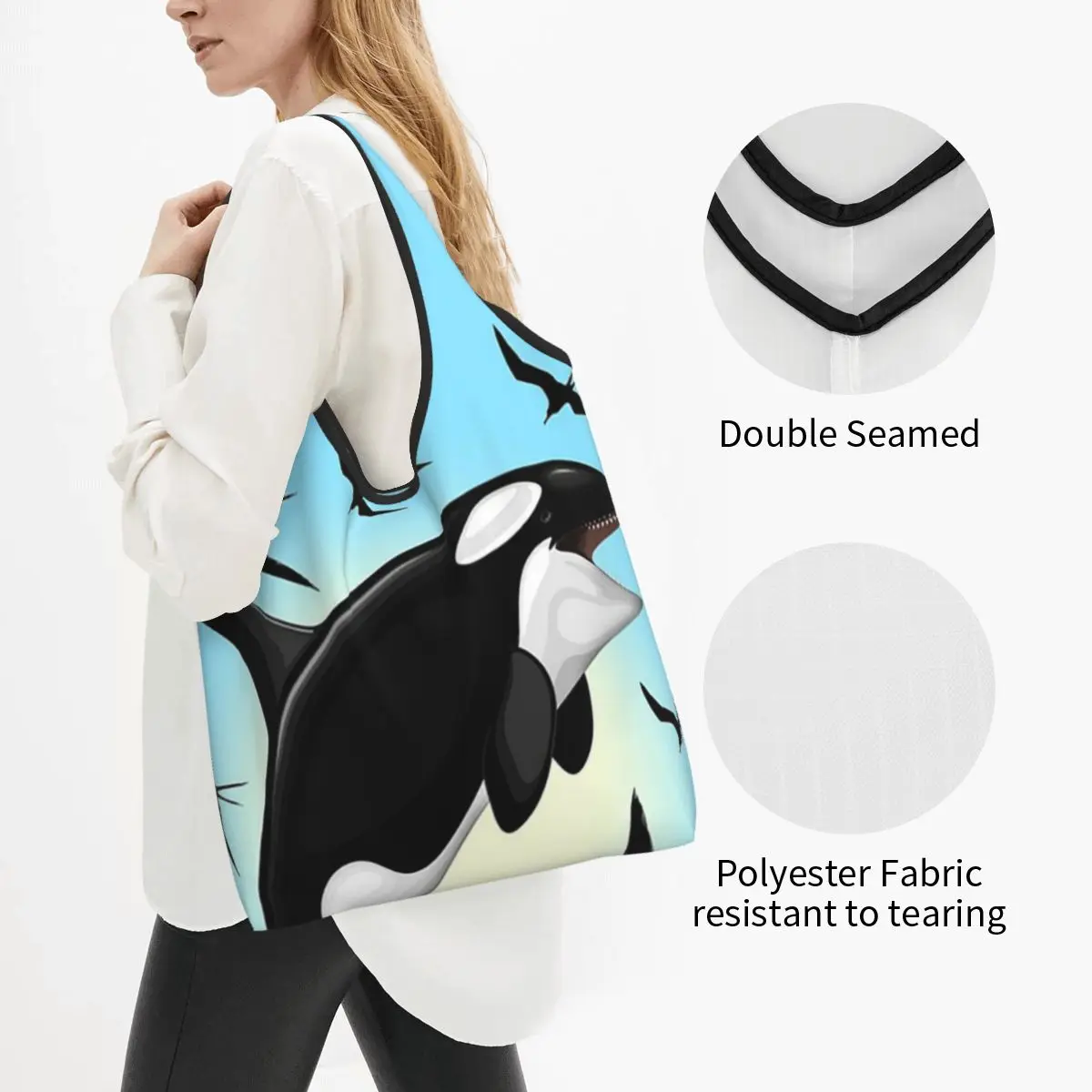 Orca Aquatic Sea Ocean - Top Tees Killer Whale Portable Tote Shopping Bags Large Capacity Shopper Bag Handbag Shoulder Bag