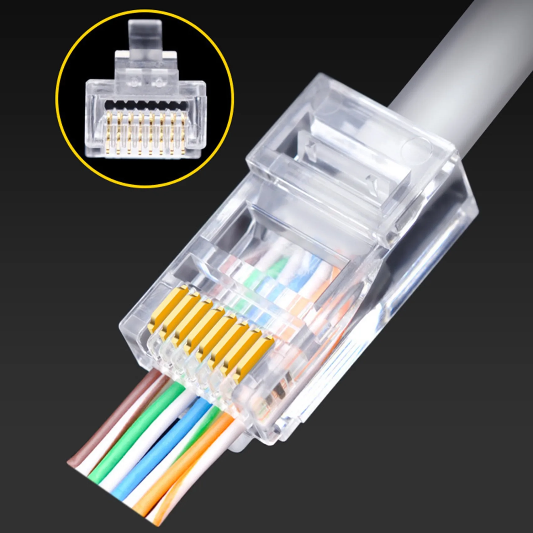 Cabeça de cristal do conector Ethernet banhado a ouro, categoria 5, RJ45 através do furo, 8P8C, Cat5 perfurado Unshielded, 100 pcs