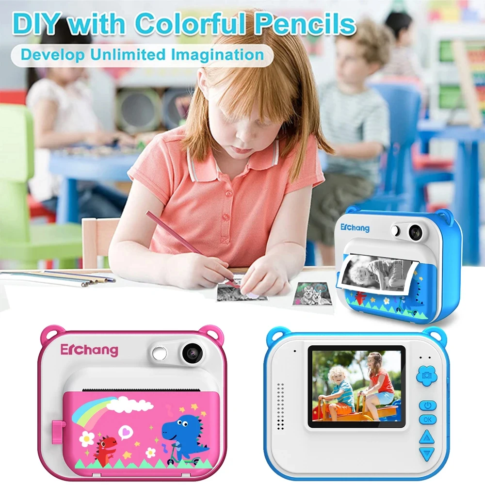 Erchang Children Camera Instant Print Digital Camera for Kids Thermal Print Camera Instant Photo Printing Camera+32G Memory