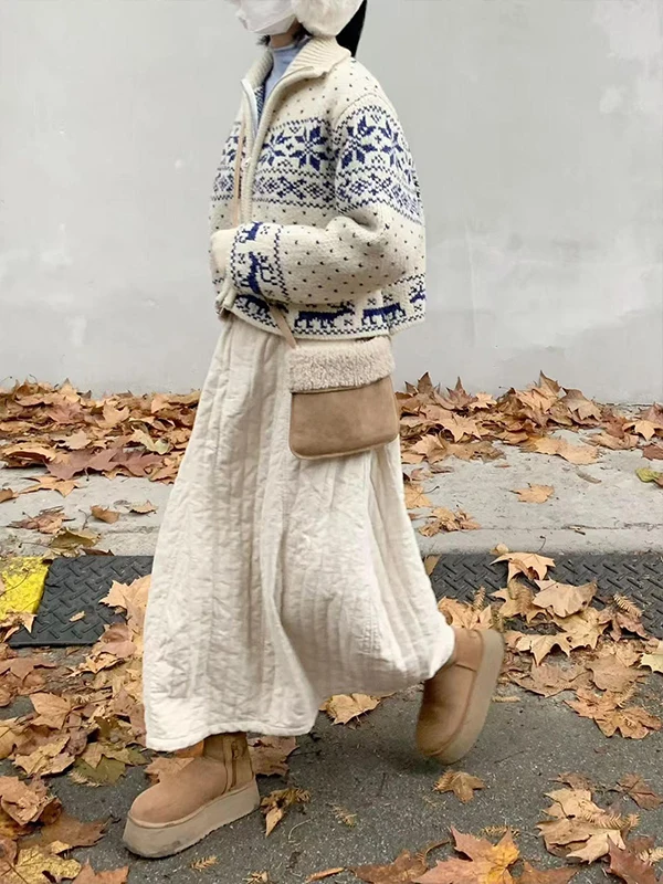 

Retro Cotton Sweater And Skirt Set Women's Fashion Autumn Winter Travel High Waist Zipper Dress Casual Long Sleeve Gown