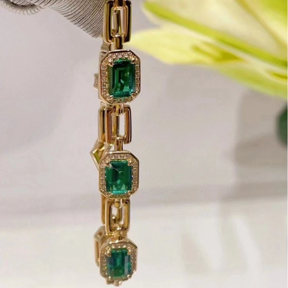 Wong Rain Vintage 18K Gold Plated 925 Sterling Silver Emerald High Carbon Diamond Gemstone Bracelets Bangle Fine Jewelry Gifts