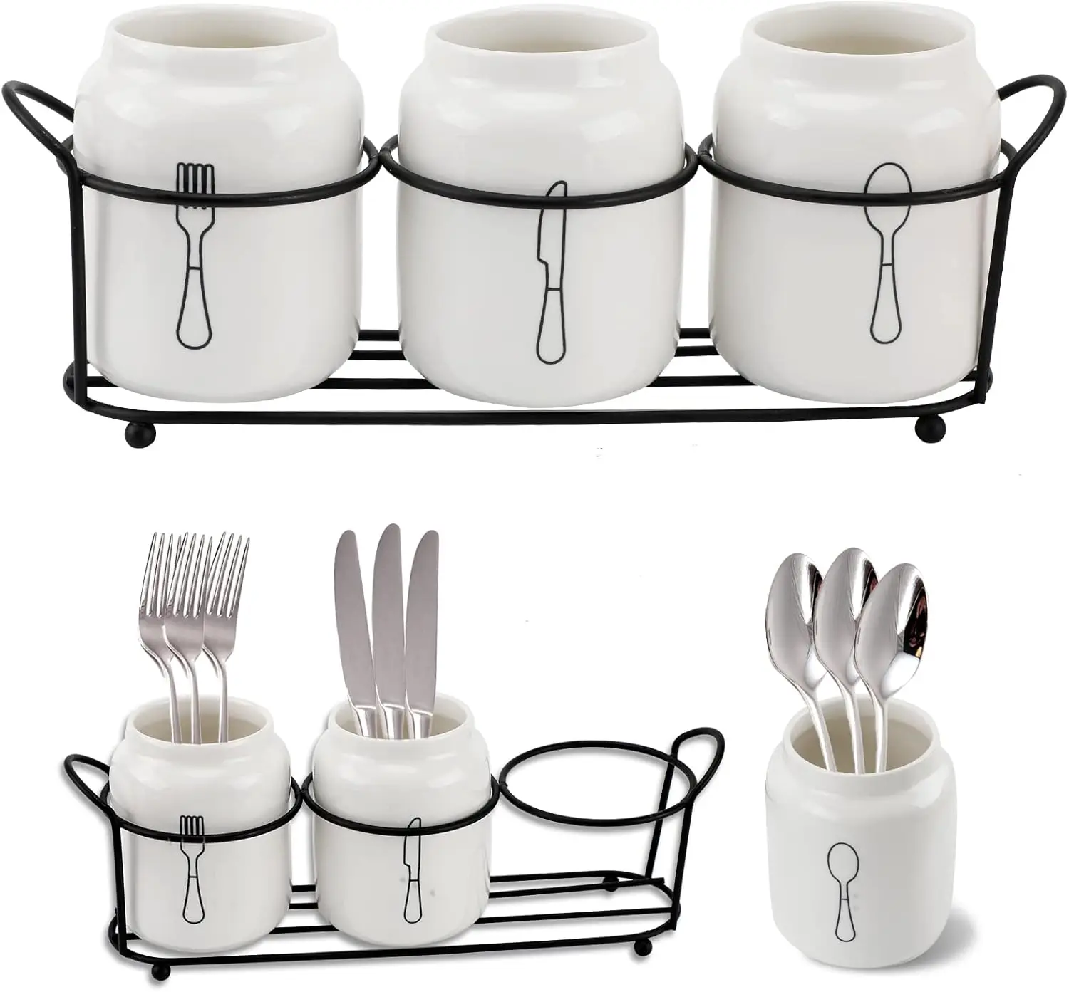 

4 Piece Silverware Holder for Organizer Countertop White Ceramic Silverware Caddy with Black Metal