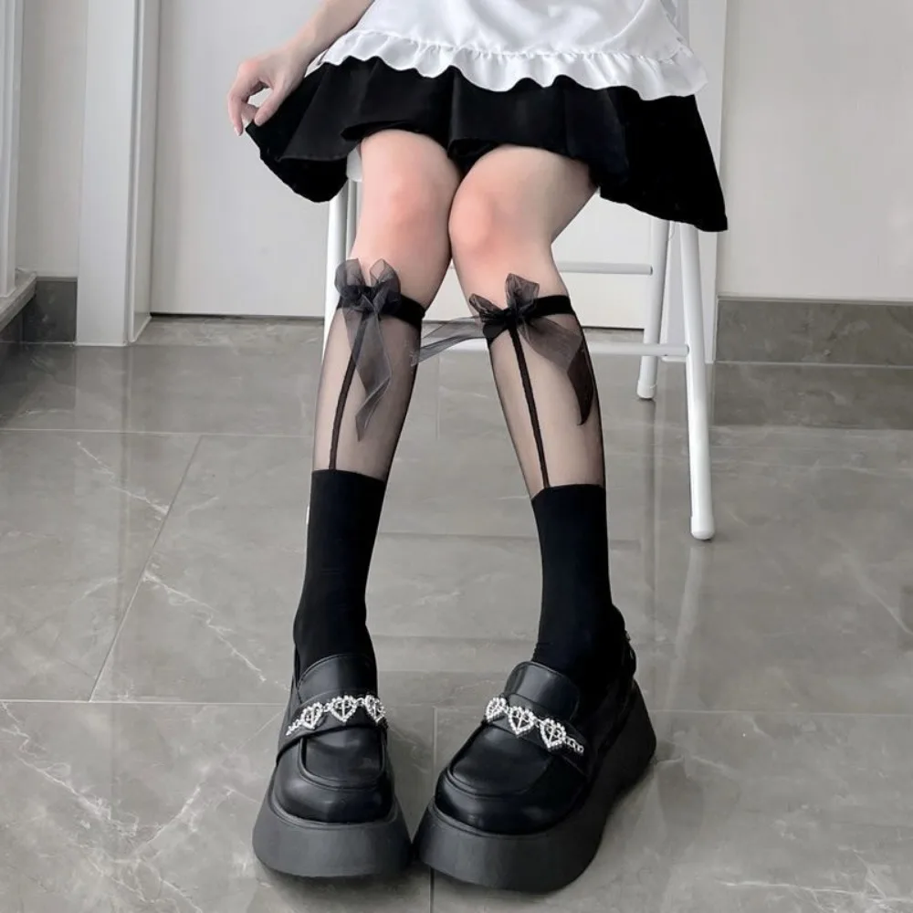

Sweet Transparent Calf Socks Bowknot Lolita JK Knee Sock Mid Tube Socks Girls Slim Stockings