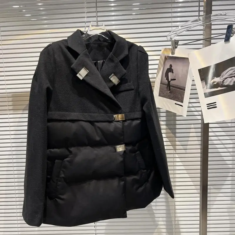 Black Cotton Jacket Autumn Winter Women's Chic Square Buckle Woolen Splicing Warm Suit Cotton-padded Coats Thick Loose Outerwear