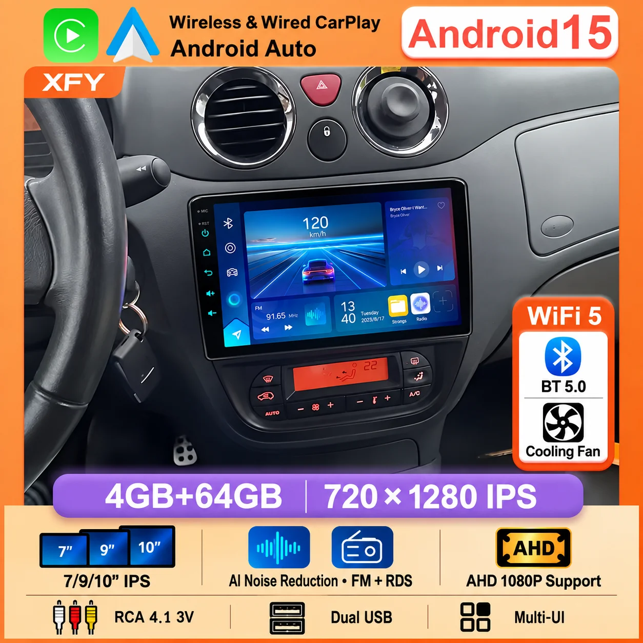 XFY Android 15 CarPlay & Android Auto Stereo With Wired And Wireless Connection 4GB + 64GB 7/9/10 Inch IPS Universal Head Unit