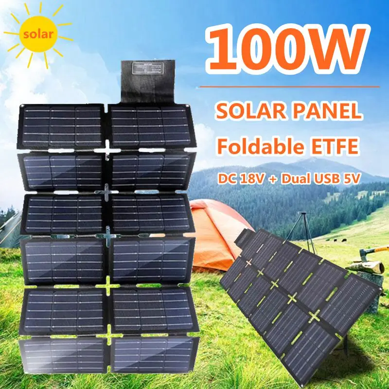 100W ETFE Foldable Solar Panel Portable Solar Charger DC USB Output Solar Batteries For Solar Generator Phones Tablets Van RV