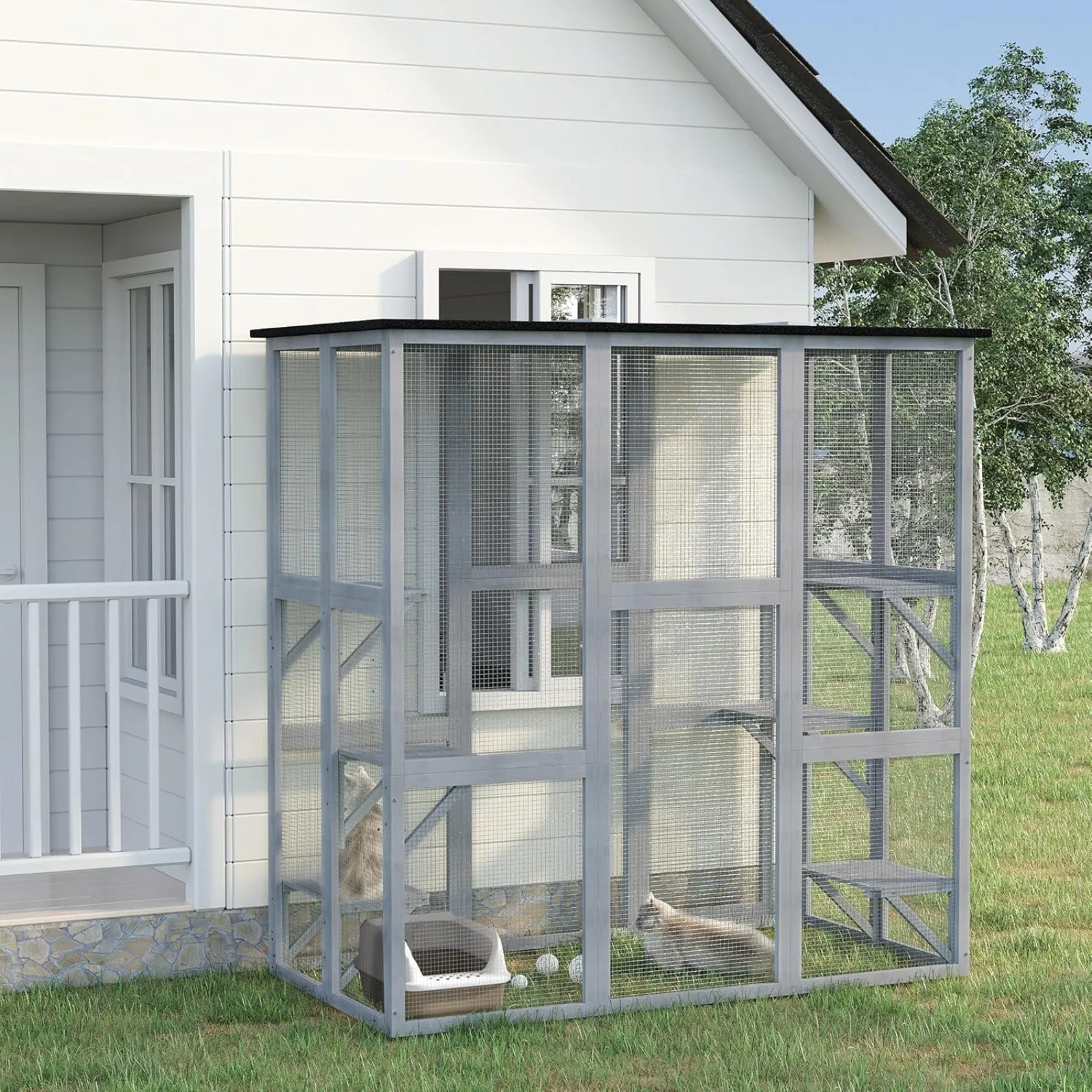 US Outdoor Cat House Big Catio Wooden Feral Cat Shelter Enclosure with Large Spacious Interior, 6 High Ledges, Weather