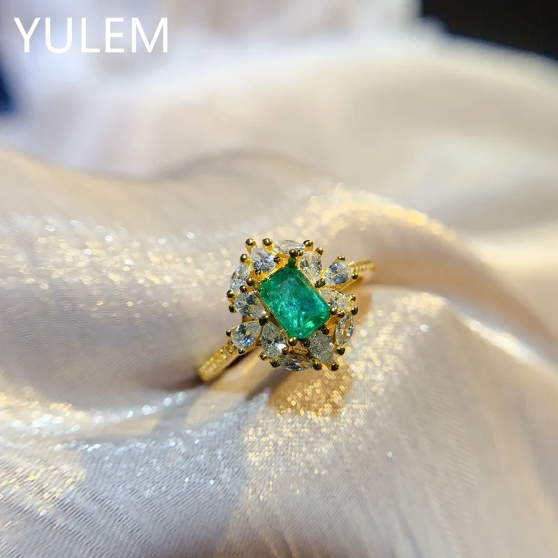 YULEM Classic Emerald Ring for Engagement 4x6mm Natural Rectangle Emerald Silver Ring 925 Silver Jewelry