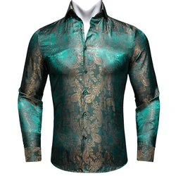 Barry.Wang Luxury Green Paisley Silk Shirts Men Long Sleeve Casual Flower Shirts For Men Designer Fit Dress Shirt BY-0086