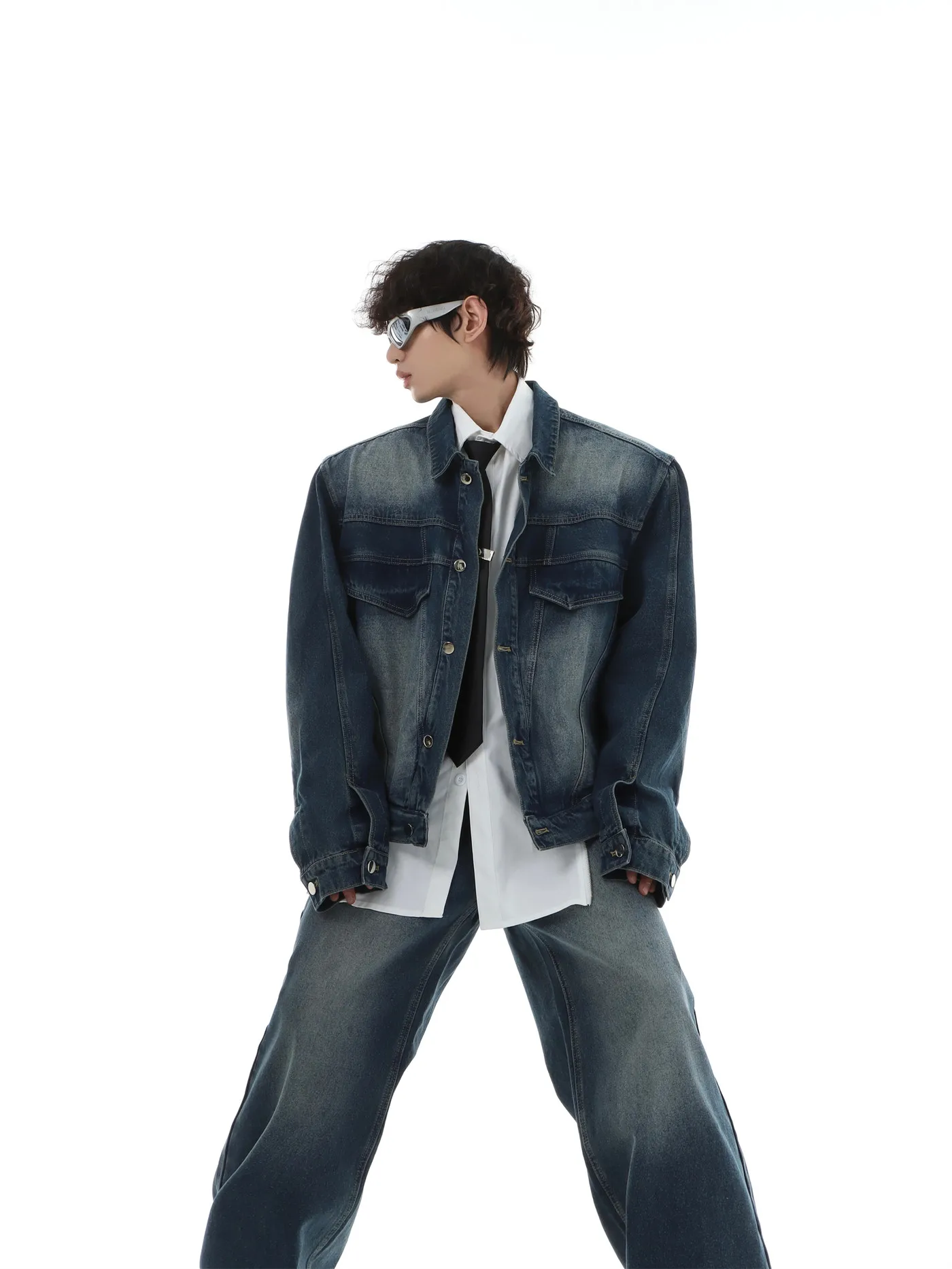 

MARTHENAUT Vintage Washed Denim Jacket And Pants Set Loose Fit Gradual Color Change Retro Style Long Sleeve Youth Fashion