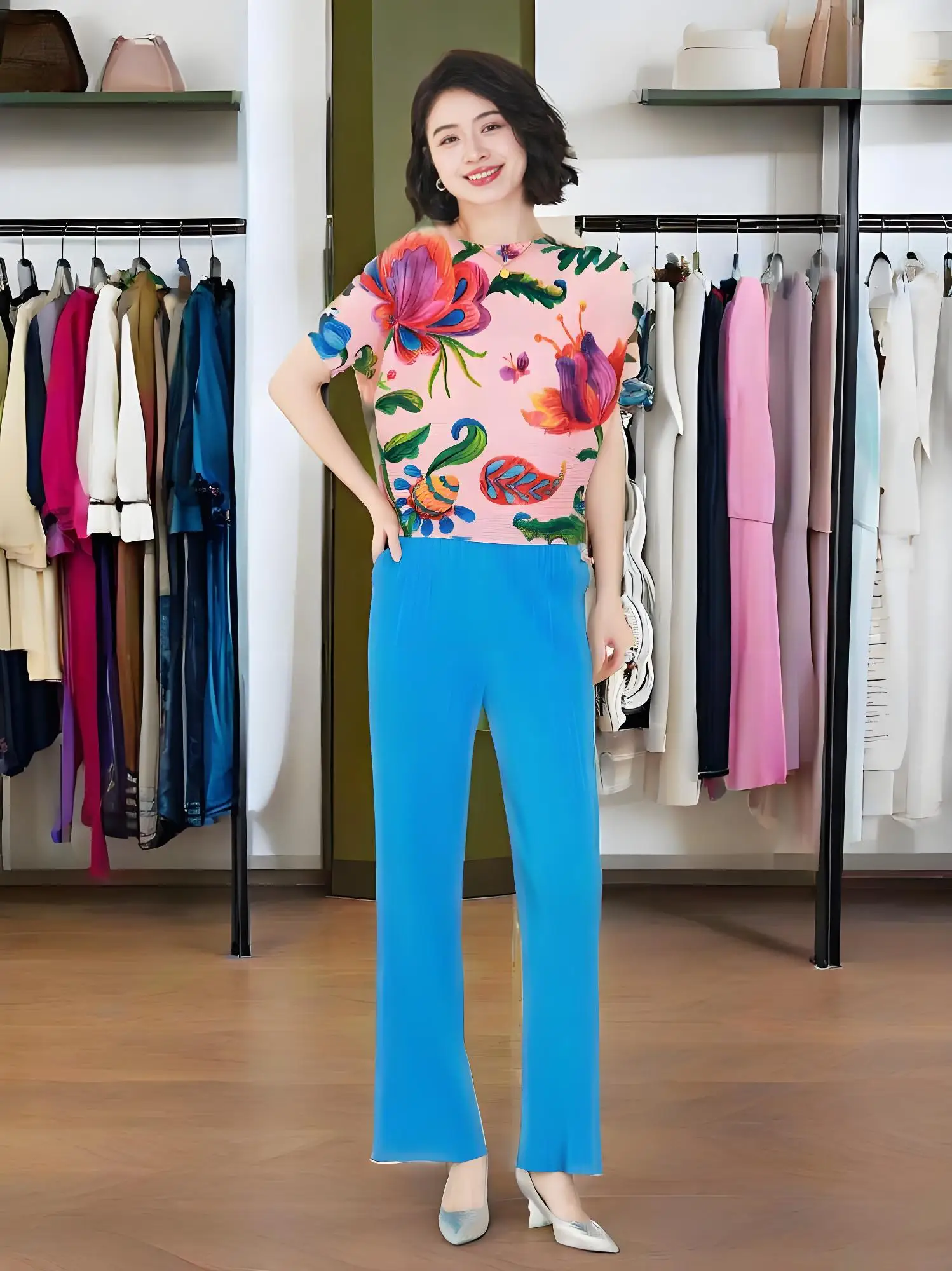 

Miyake 2025 Spring New Folded Bat Sleeve Pleated Fashion T-Shirt Commuting Comfort Printed Millet Grid Pleat Short Sleeve Top