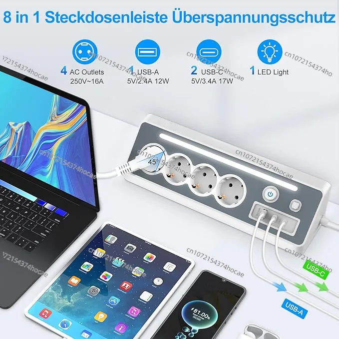 مقبس قياسي أوروبي متعدد المآخذ مع مفتاح إضاءة مع مقبس USB بجانب السرير PD شحن سريع شريط متعدد الطاقة بدوره واحد #3